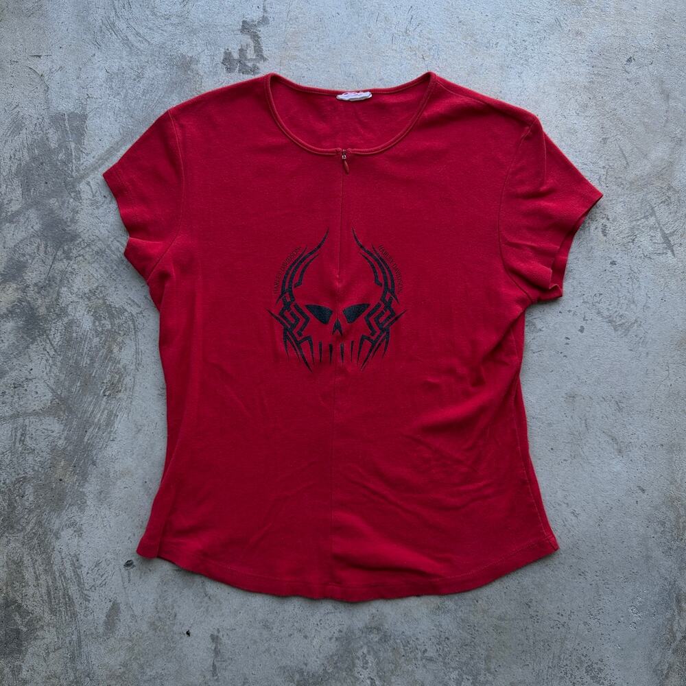 Vintage 2004 Harley Davidson Y2K Skull Flame Baby Tee Small